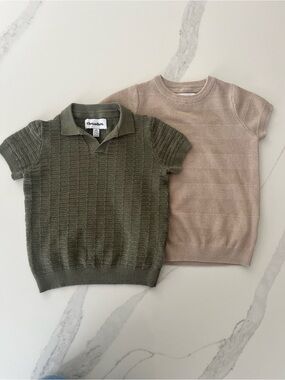 2-Pack Short-Sleeve Knit Tops in Olive and Beige